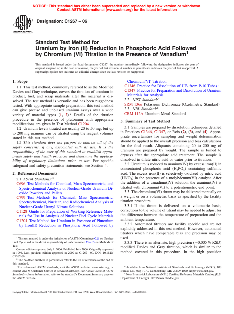 ASTM C1267-06 - Standard Test Method for Uranium by Iron (II) Reduction in Phosphoric Acid Followed by Chromium (VI) Titration in the Presence of Vanadium