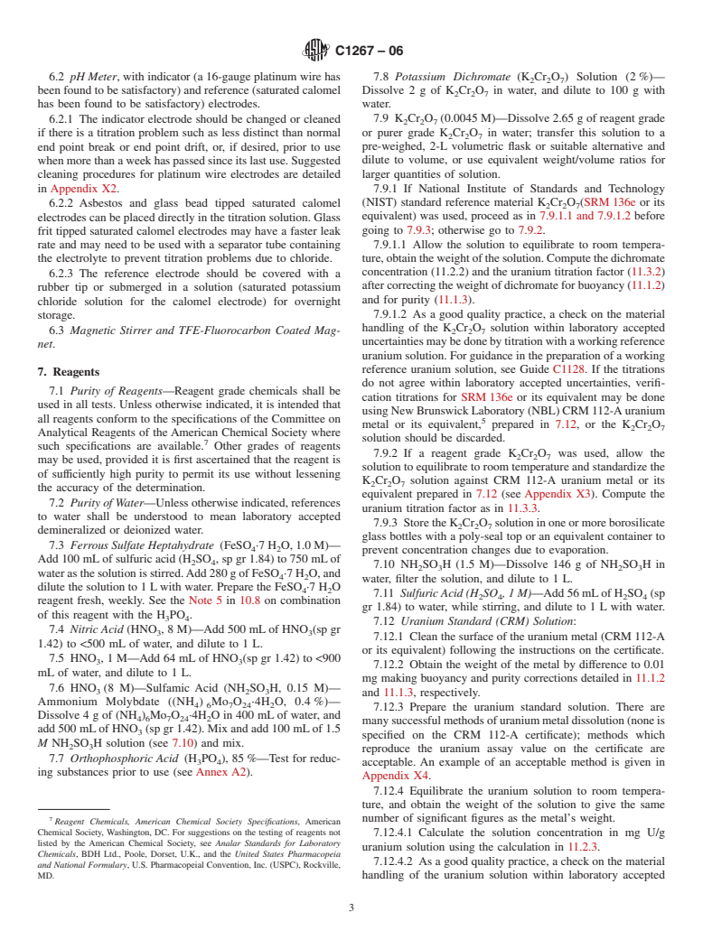 ASTM C1267-06 - Standard Test Method for Uranium by Iron (II) Reduction in Phosphoric Acid Followed by Chromium (VI) Titration in the Presence of Vanadium