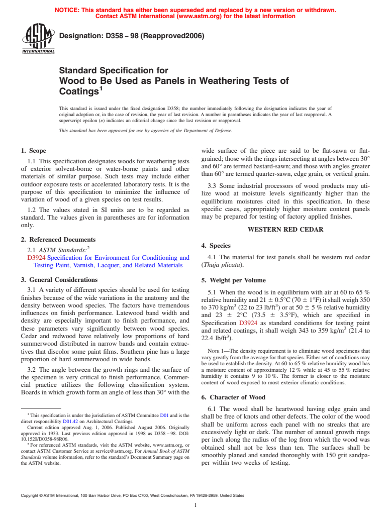 ASTM D358-98(2006) - Standard Specification for Wood to Be Used as Panels in Weathering Tests of Coatings