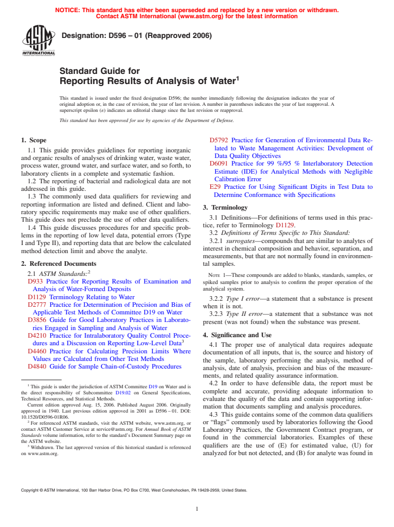 ASTM D596-01(2006) - Standard Guide for Reporting Results of Analysis of Water