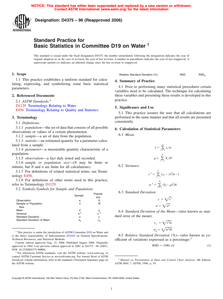 ASTM D4375-96(2006) - Standard Practice for Basic Statistics in Committee D-19 on Water