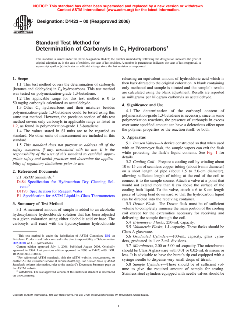 ASTM D4423-00(2006) - Standard Test Method for Determination of Carbonyls In C<inf>4</inf> Hydrocarbons