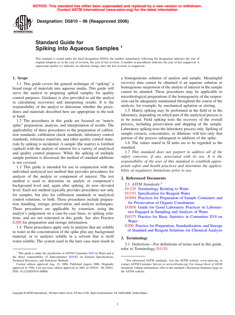 ASTM D5810-96(2006) - Standard Guide for Spiking into Aqueous Samples