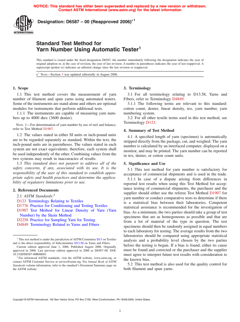 ASTM D6587-00(2006)e1 - Standard Test Method for Yarn Number Using Automatic Tester