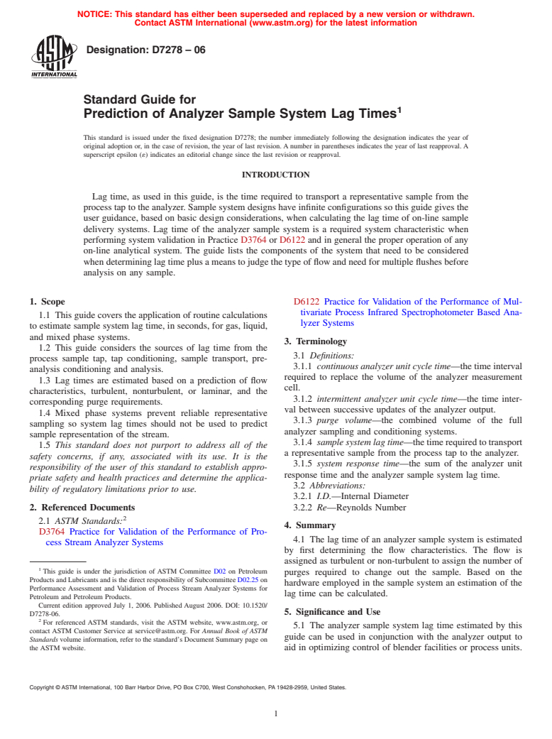 ASTM D7278-06 - Standard Guide for Prediction of Analyzer Sample System Lag Times