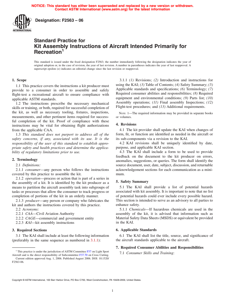 ASTM F2563-06 - Standard Practice for Kit Assembly Instructions of Aircraft Intended Primarily for Recreation