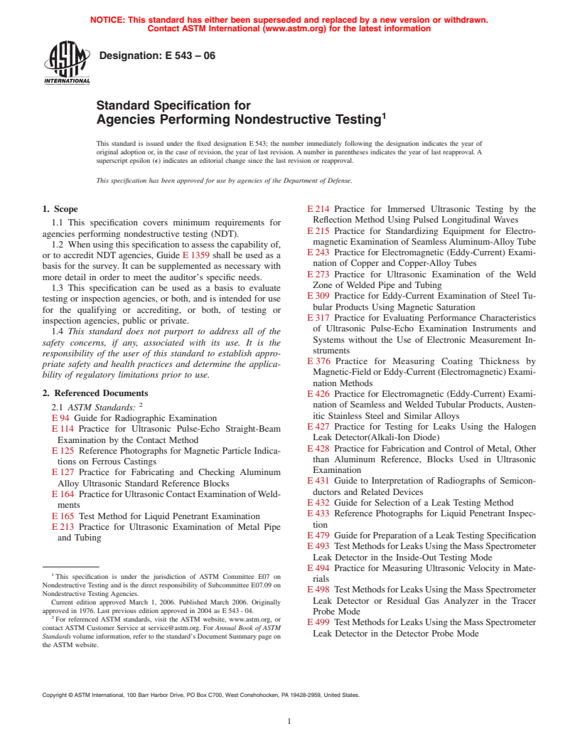 ASTM E543-06 - Standard Specification for Agencies Performing Nondestructive Testing