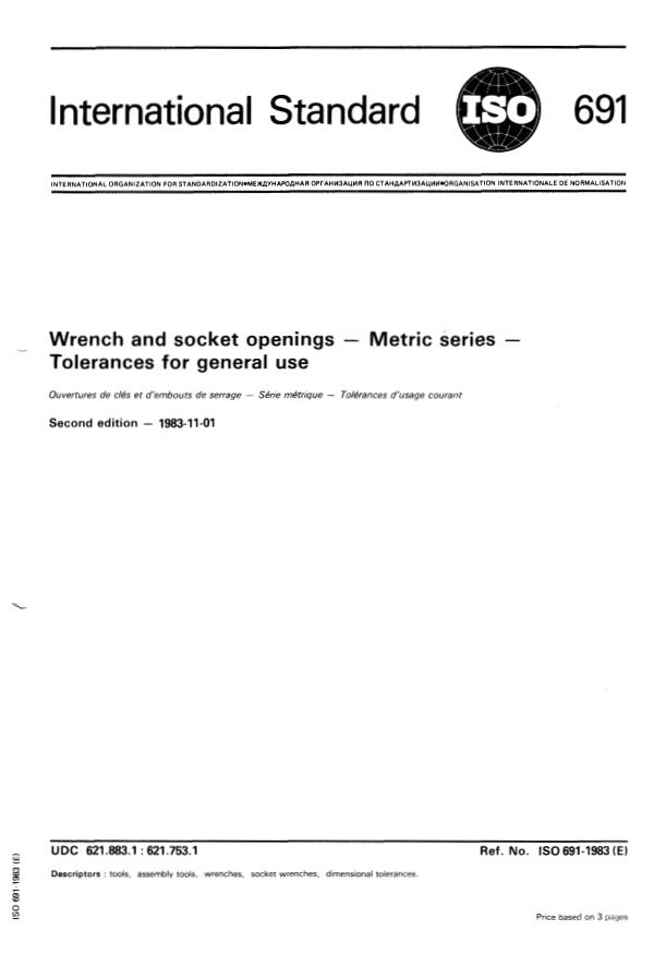 ISO 691:1983 - Wrench and socket openings -- Metric series -- Tolerances for general use