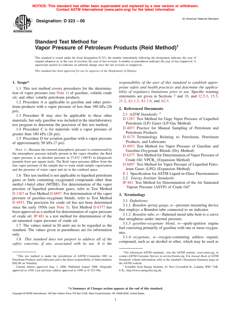 ASTM D323-06 - Standard Test Method for Vapor Pressure of Petroleum Products (Reid Method)