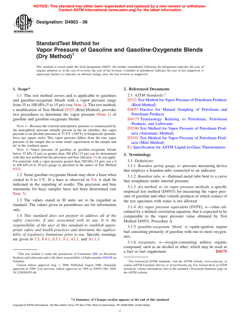 ASTM D4953-06 - Standard Test Method for Vapor Pressure of Gasoline and Gasoline-Oxygenate Blends (Dry Method)