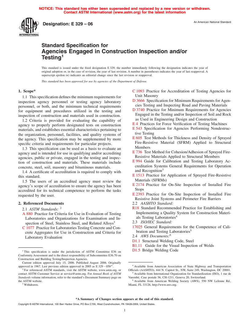 ASTM E329-06 - Standard Specification for Agencies Engaged in Construction Inspection and/or Testing