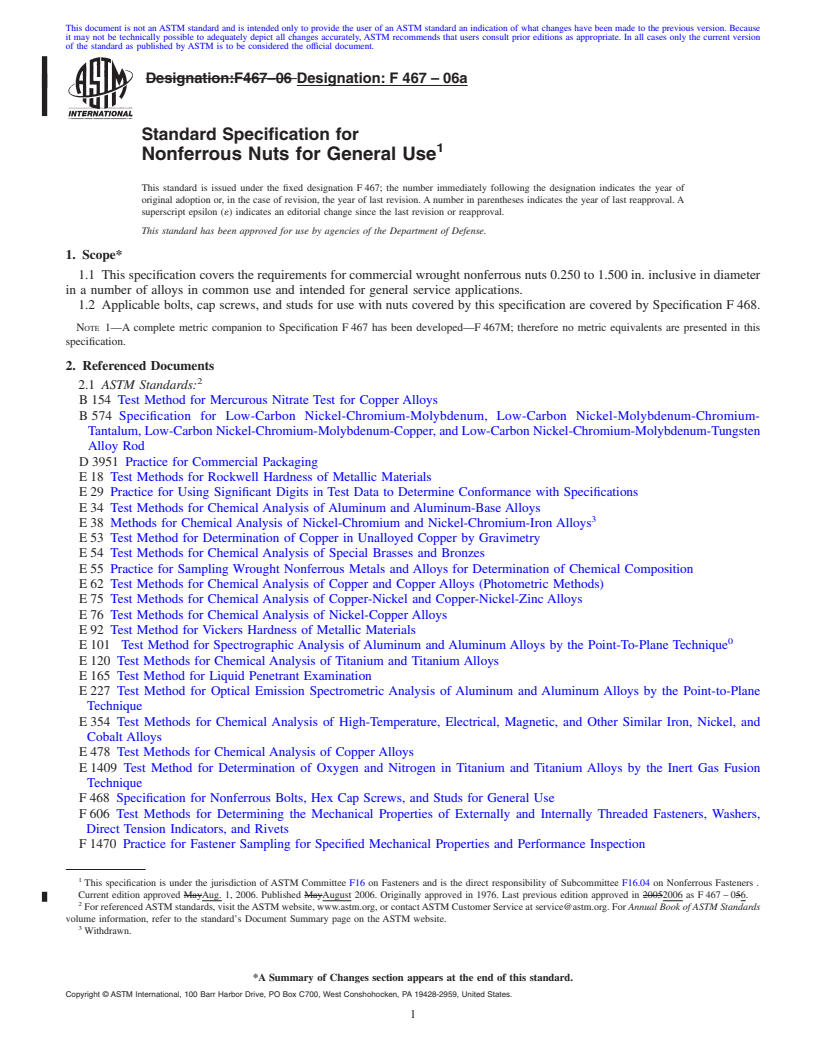 REDLINE ASTM F467-06a - Standard Specification for Nonferrous Nuts for General Use