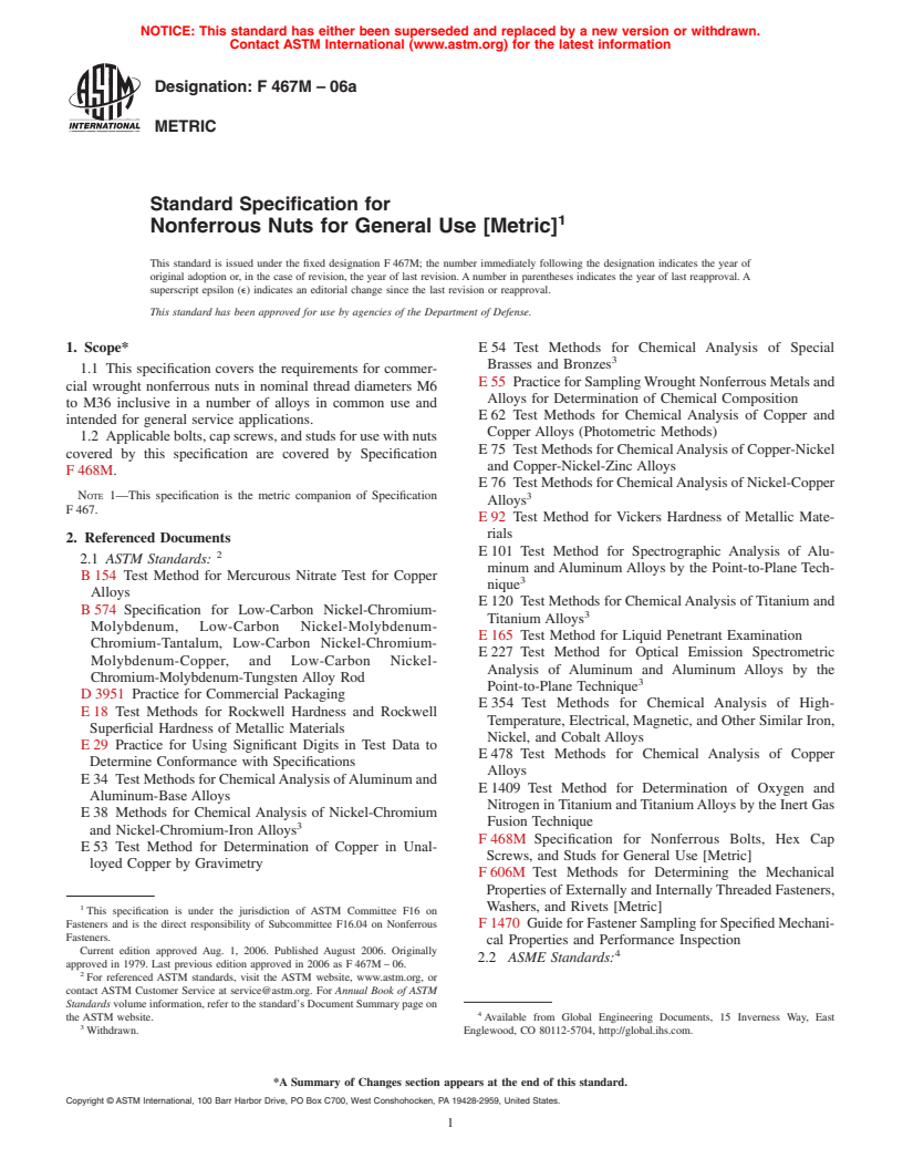 ASTM F467M-06a - Standard Specification for Nonferrous Nuts for General Use [Metric]