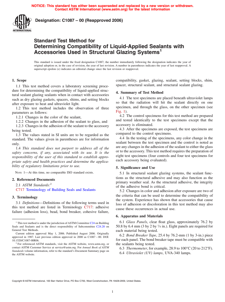 ASTM C1087-00(2006) - Standard Test Method for Determining Compatibility of Liquid-Applied Sealants with Accessories Used in Structural Glazing Systems