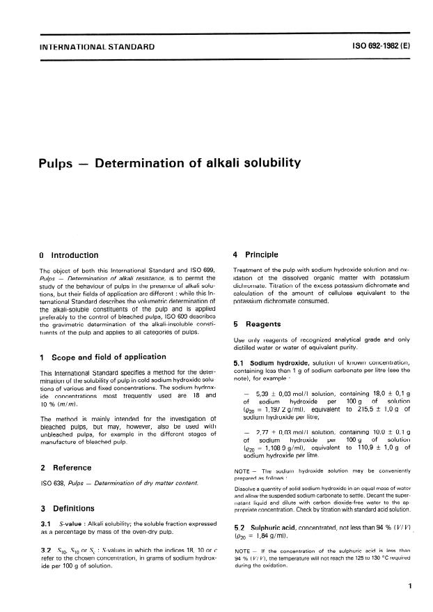 ISO 692:1982 - Pulps -- Determination of alkali solubility