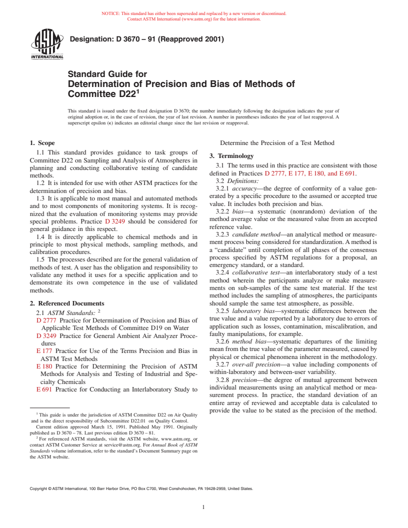 ASTM D3670-91(2001) - Standard Guide for Determination of Precision and Bias of Methods of Committee D22