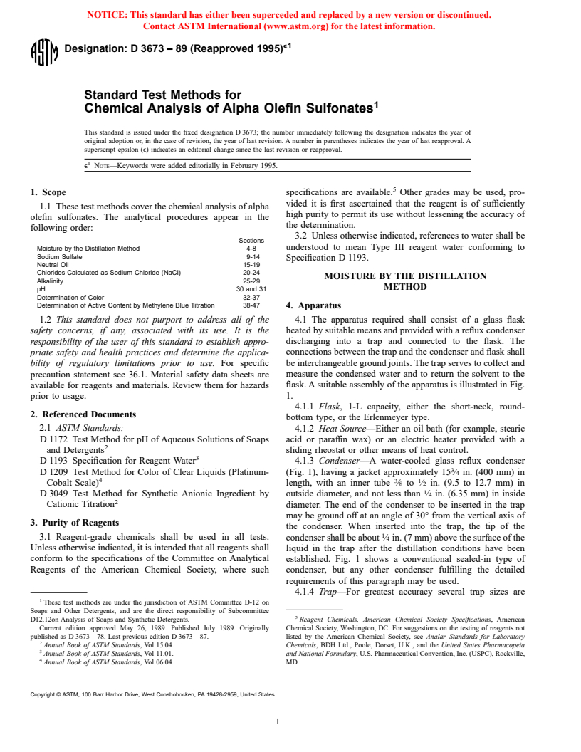 ASTM D3673-89(1995)e1 - Standard Test Methods for Chemical Analysis of Alpha Olefin Sulfonates