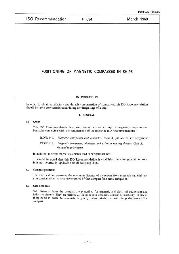 ISO/R 694:1968 - Positioning of magnetic compasses in ships