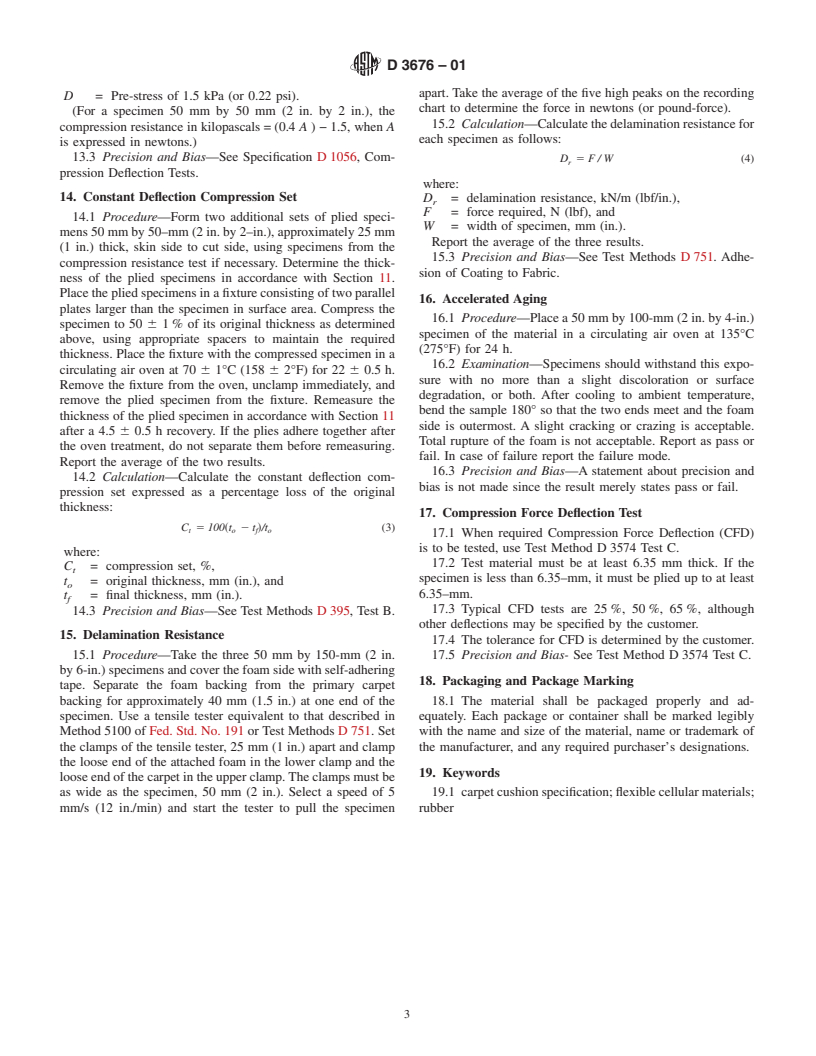 ASTM D3676-01 - Standard Specification for Rubber Cellular Cushion Used for Carpet or Rug Underlay