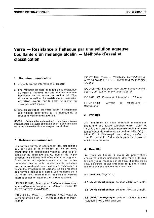 ISO 695:1991 - Verre -- Résistance a l'attaque par une solution aqueuse bouillante d'un mélange alcalin -- Méthode d'essai et classification