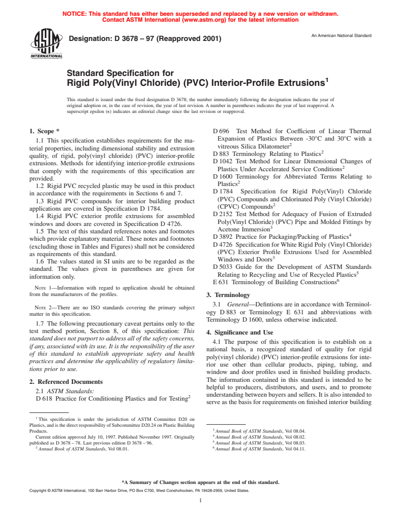 ASTM D3678-97(2001) - Standard Specification for Rigid Poly(Vinyl Chloride) (PVC) Interior-Profile Extrusions