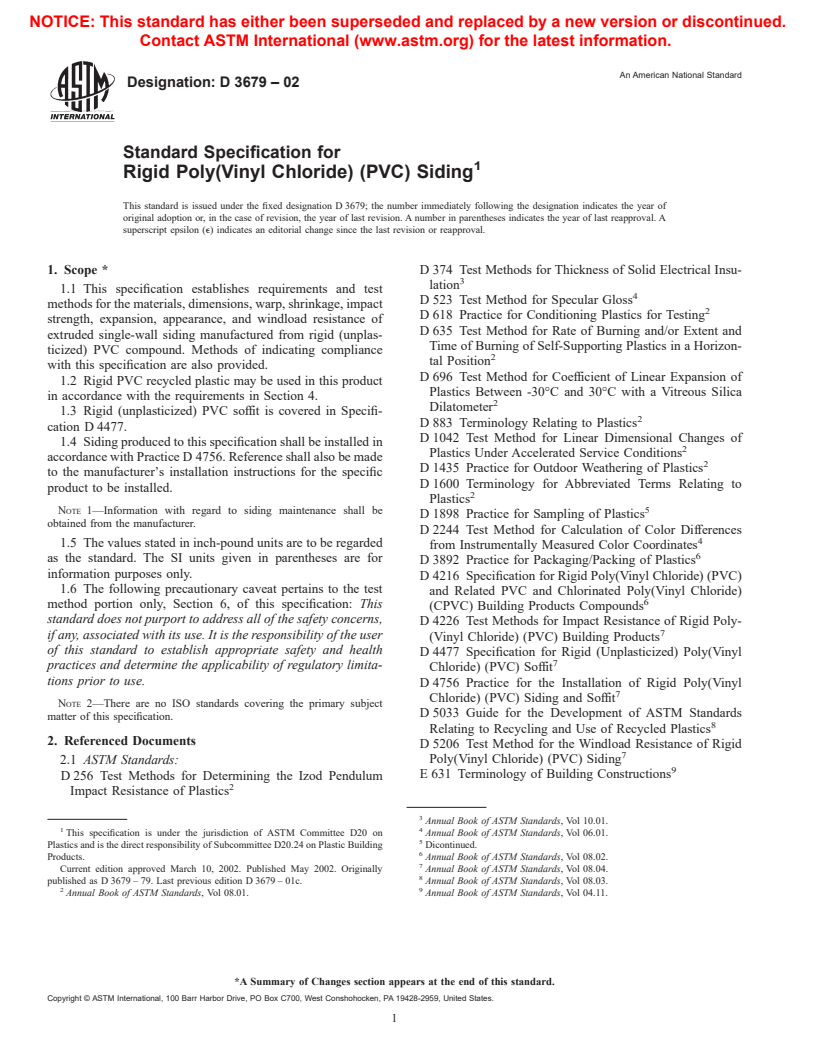 ASTM D3679-02 - Standard Specification for Rigid Poly(Vinyl Chloride) (PVC) Siding