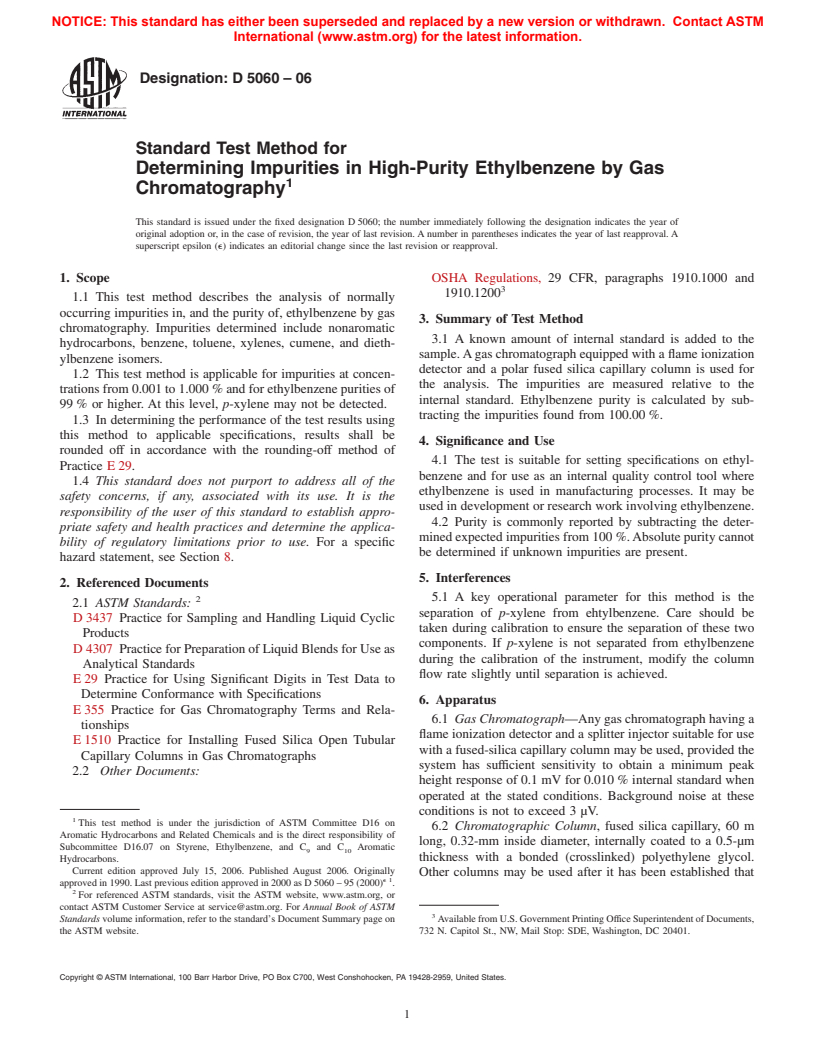 ASTM D5060-06 - Standard Test Method for Determining Impurities in High-Purity Ethylbenzene by Gas Chromatography