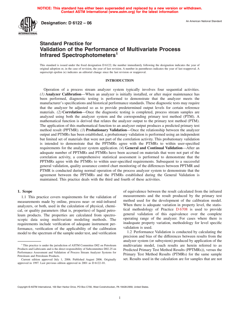 ASTM D6122-06 - Standard Practice for Validation of the Performance of Multivariate Process Infrared Spectrophotometers