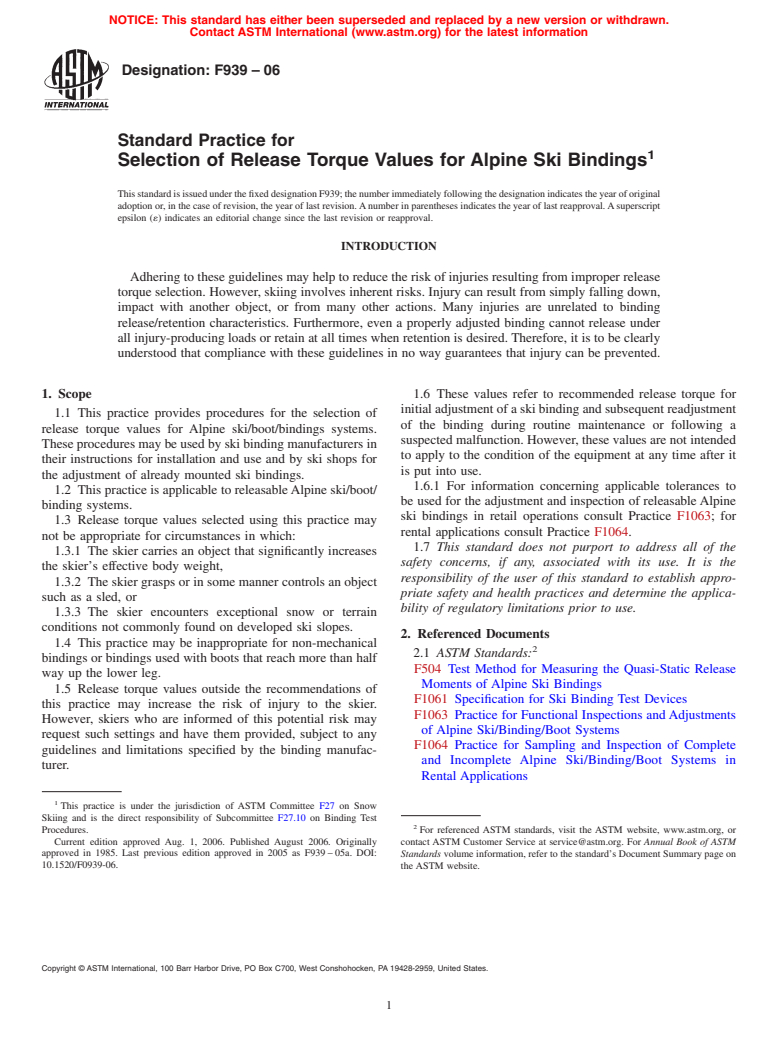 ASTM F939-06 - Standard Practice for Selection of Release Torque Values for Alpine Ski Bindings