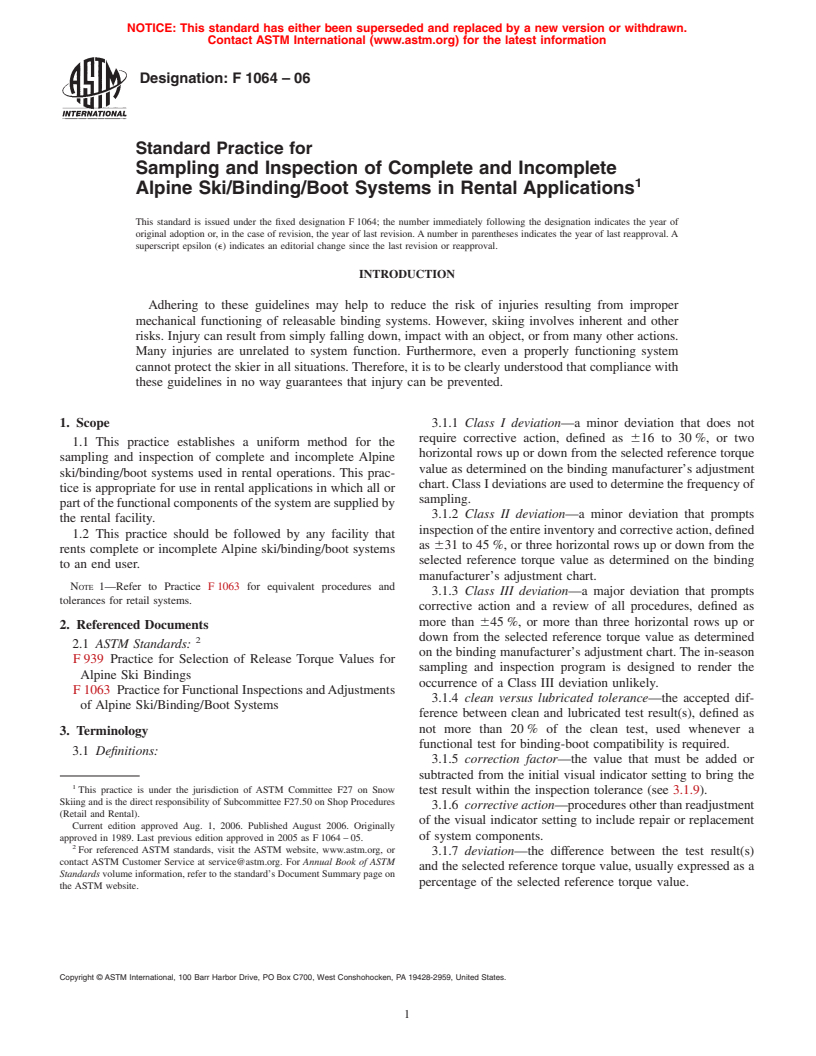 ASTM F1064-06 - Standard Practice for Sampling and Inspection of Complete and Incomplete Alpine Ski/Binding/Boot Systems in Rental Applications