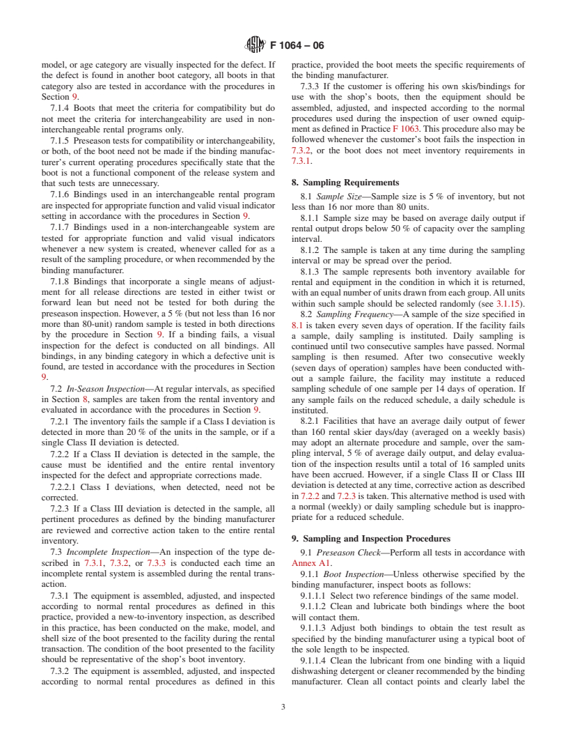 ASTM F1064-06 - Standard Practice for Sampling and Inspection of Complete and Incomplete Alpine Ski/Binding/Boot Systems in Rental Applications