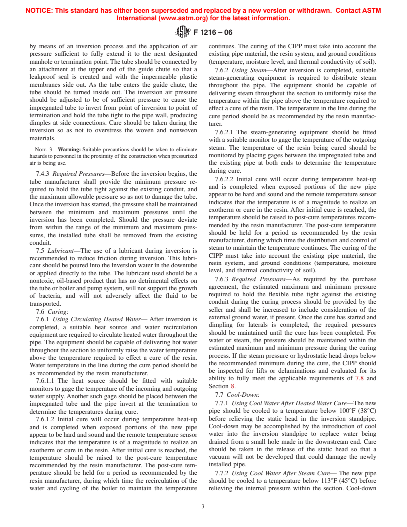 ASTM F1216-06 - Standard Practice for Rehabilitation of Existing Pipelines and Conduits by the Inversion and Curing of a Resin-Impregnated Tube