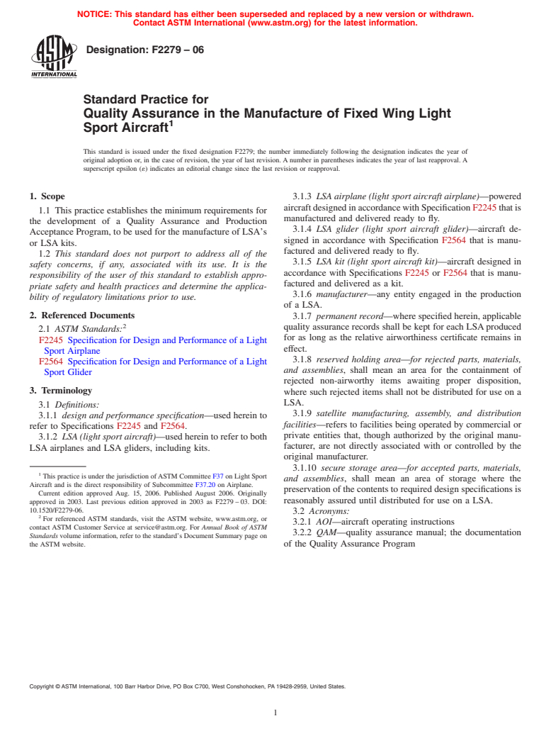 ASTM F2279-06 - Standard Practice for Quality Assurance in the Manufacture of Fixed Wing Light Sport Aircraft