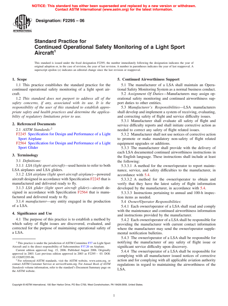 ASTM F2295-06 - Standard Practice for Continued Operational Safety Monitoring of a Light Sport Aircraft