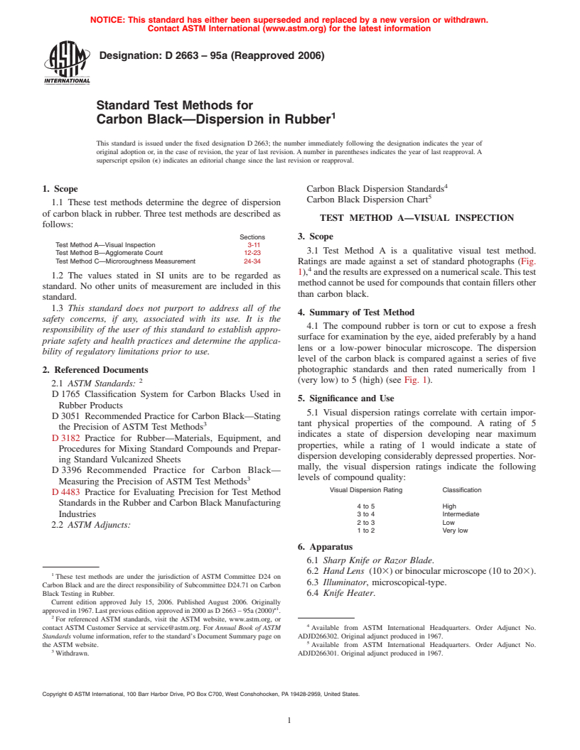 ASTM D2663-95a(2006) - Standard Test Methods for Carbon Black-Dispersion in Rubber