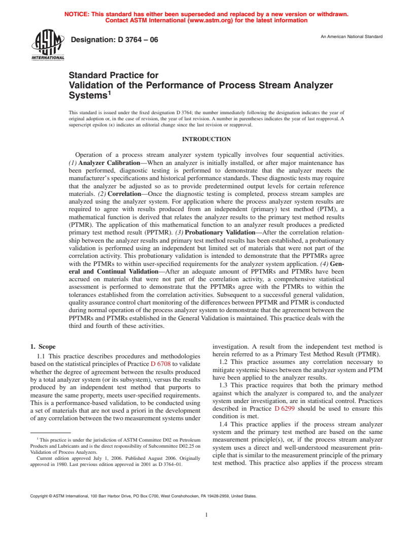 ASTM D3764-06 - Standard Practice for Validation of the Performance of Process Stream Analyzer Systems