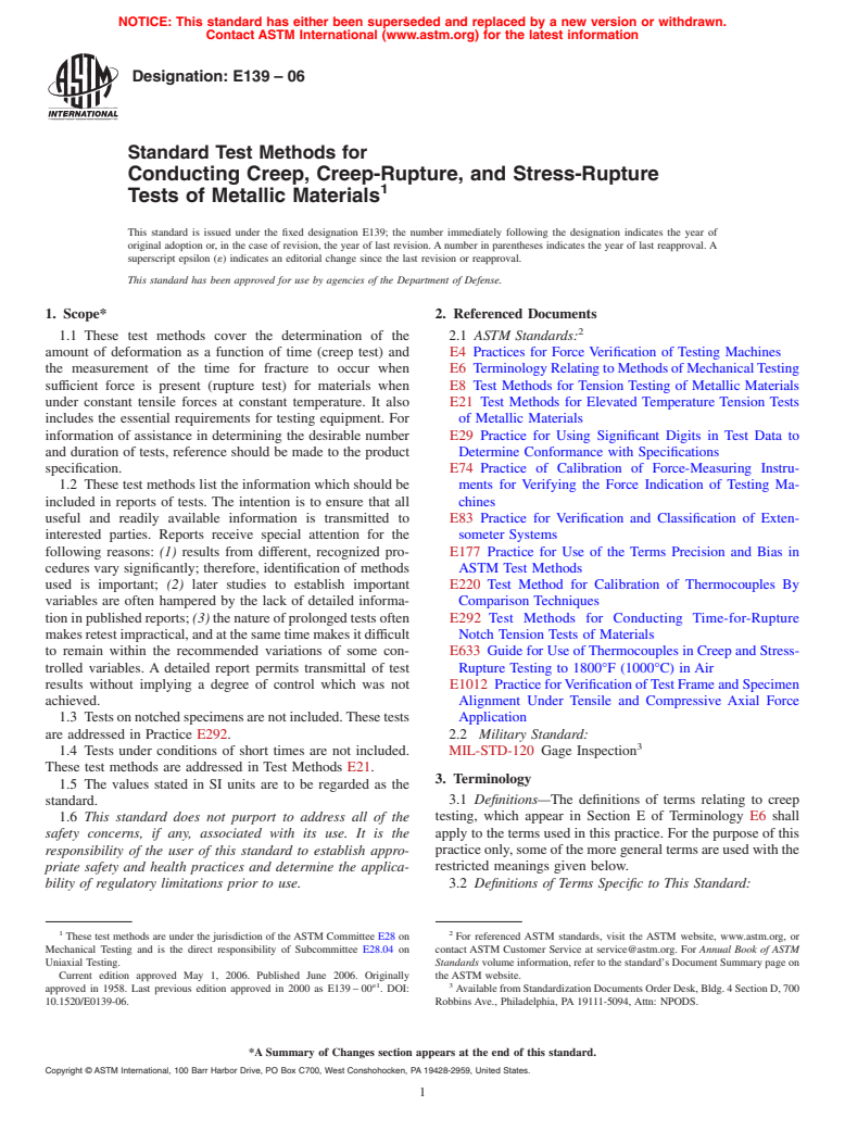 ASTM E139-06 - Standard Test Methods for Conducting Creep, Creep-Rupture, and Stress-Rupture Tests of Metallic Materials