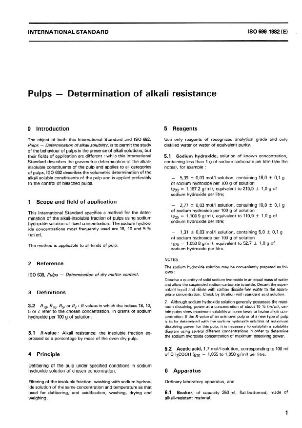 ISO 699:1982 - Pulps -- Determination of alkali resistance