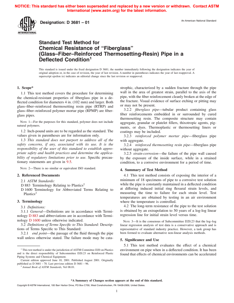 ASTM D3681-01 - Standard Test Method for Chemical Resistance of "Fiberglass" (Glass-Fiber-Reinforced Thermosetting-Resin) Pipe in a Deflected Condition