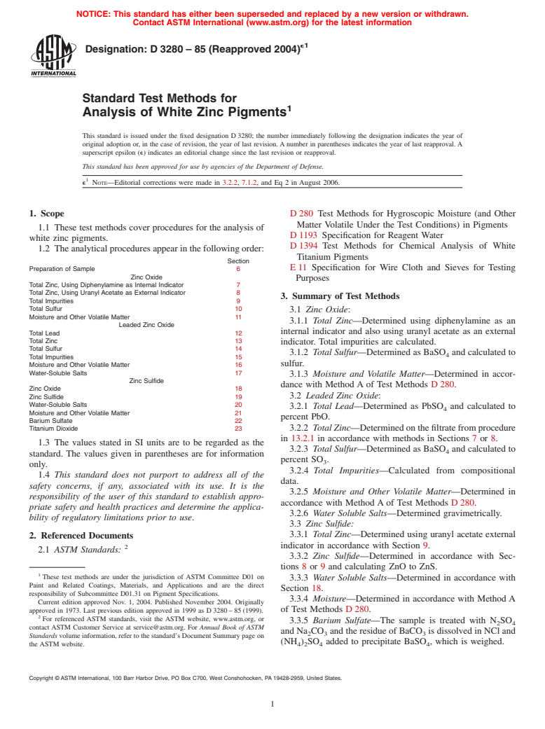 ASTM D3280-85(2004)e1 - Standard Test Methods for Analysis of White Zinc Pigments