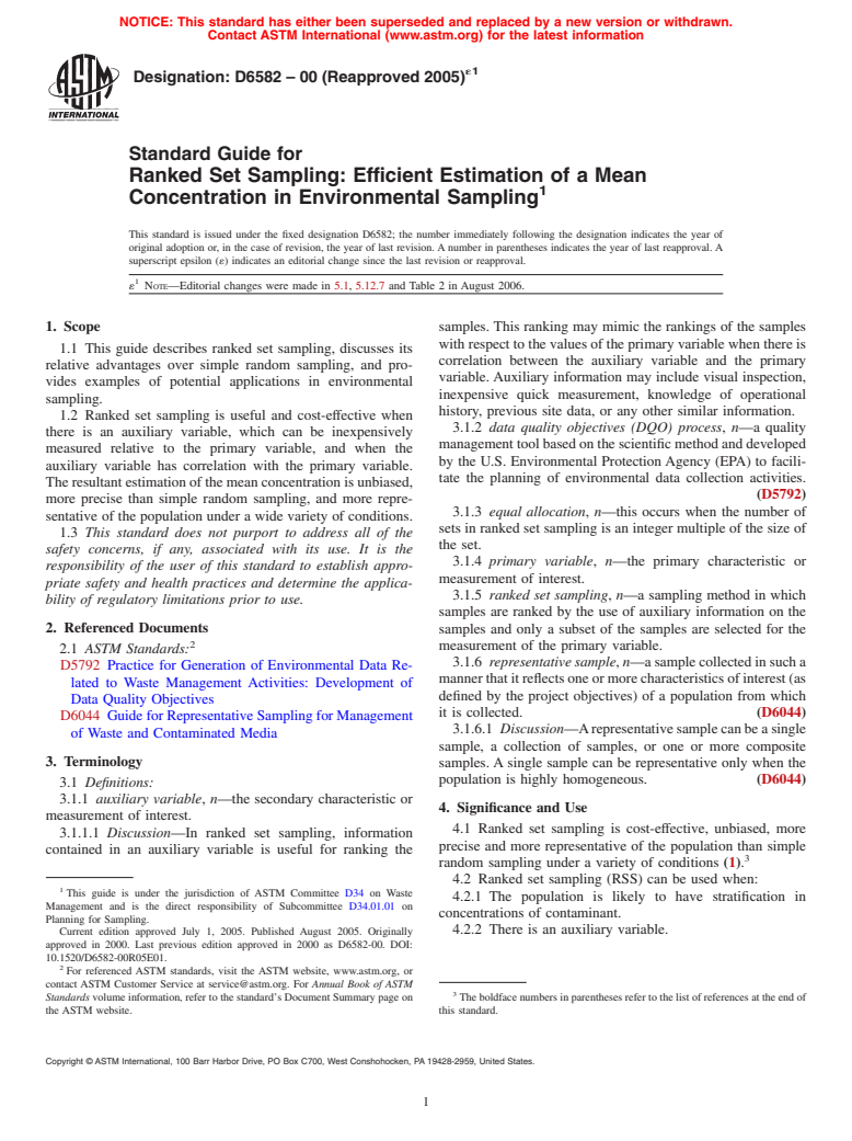 ASTM D6582-00(2005)e1 - Standard Guide for Ranked Set Sampling: Efficient Estimation of a Mean Concentration in Environmental Sampling (Withdrawn 2012)