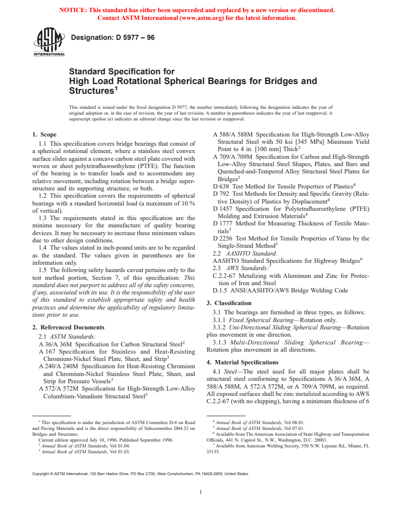 ASTM D5977-96 - Standard Specification for High Load Rotational Spherical Bearings for Bridges and Structures