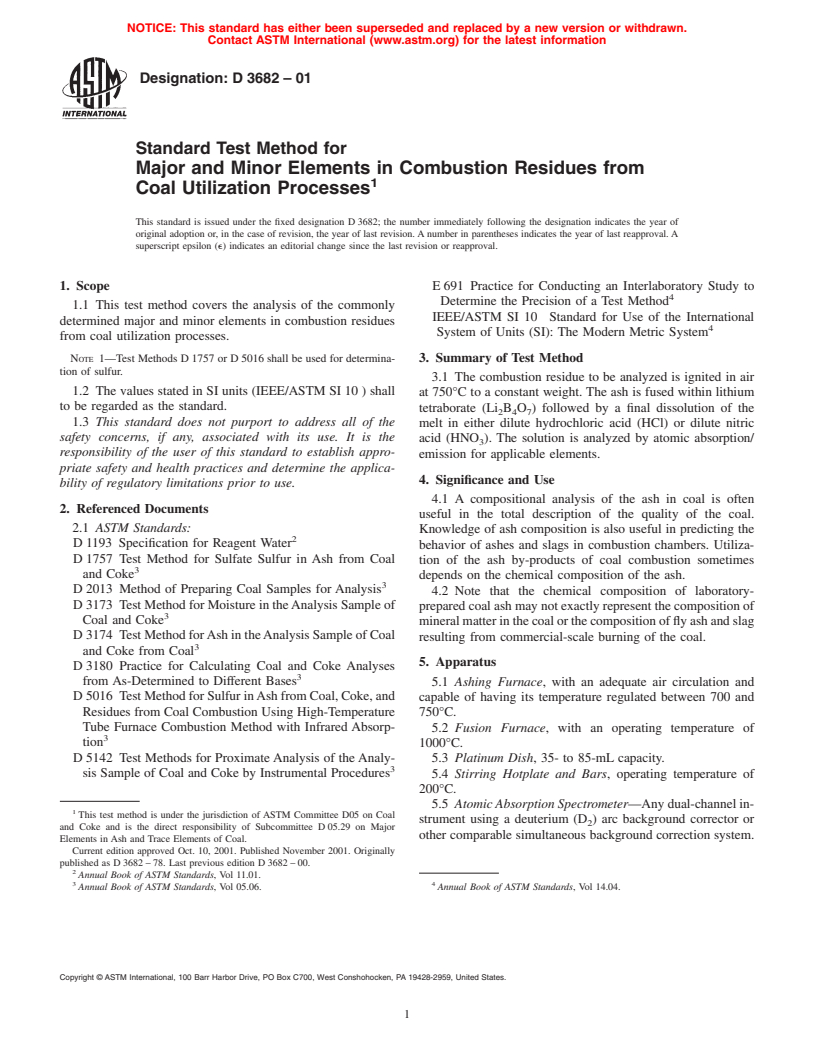 ASTM D3682-01 - Standard Test Method for Major and Minor Elements in Combustion Residues from Coal Utilization Processes