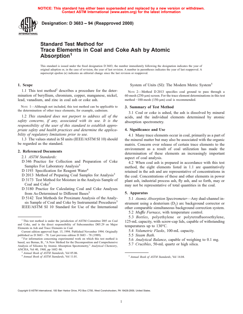 ASTM D3683-94(2000) - Standard Test Method for Trace Elements in Coal and Coke Ash by Atomic Absorption