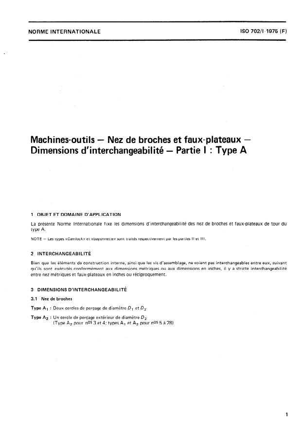 ISO 702-1:1975 - Machines-outils -- Nez de broches et faux-plateaux -- Dimensions d'interchangeabilité