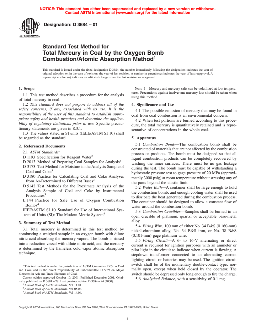 ASTM D3684-01 - Standard Test Method for Total Mercury in Coal by the Oxygen Bomb Combustion/Atomic Absorption Method