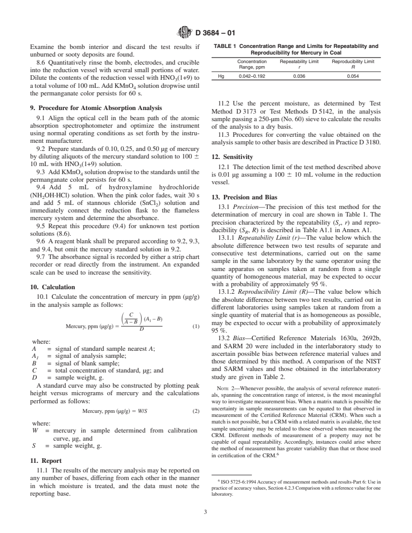 ASTM D3684-01 - Standard Test Method for Total Mercury in Coal by the Oxygen Bomb Combustion/Atomic Absorption Method