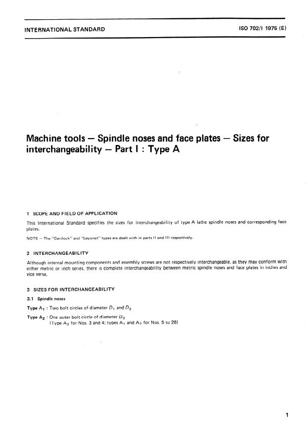 ISO 702-1:1975 - Machine tools -- Spindle noses and face plates -- Sizes for interchangeability