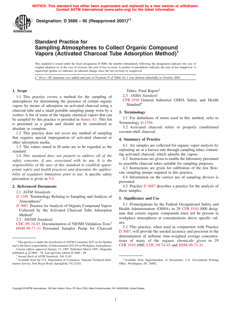 ASTM D3686-95(2001)e1 - Standard Practice for Sampling Atmospheres to Collect Organic Compound Vapors (Activated Charcoal Tube Adsorption Method)