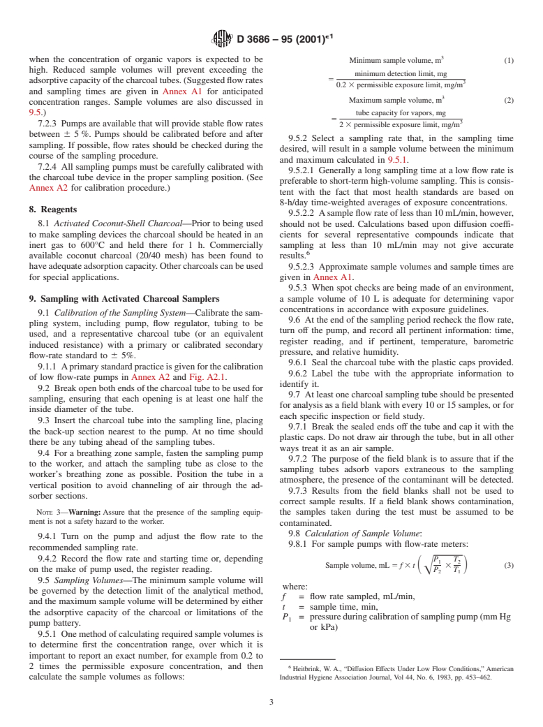 ASTM D3686-95(2001)e1 - Standard Practice for Sampling Atmospheres to Collect Organic Compound Vapors (Activated Charcoal Tube Adsorption Method)